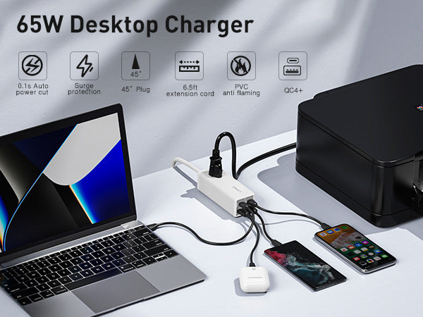 USB C Charger, MANTO 65W 5-in-1 GaN USB Charging Station, Super Fast Charger with 2 USB C Ports, 2 USB Ports and 1 Outlet