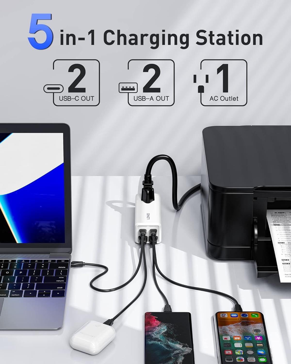 USB C Charger, MANTO 65W 5-in-1 GaN USB Charging Station, Super Fast Charger with 2 USB C Ports, 2 USB Ports and 1 Outlet