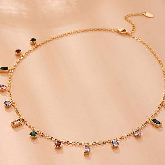 Colorful zircon necklace with geometric circular design, niche necklace