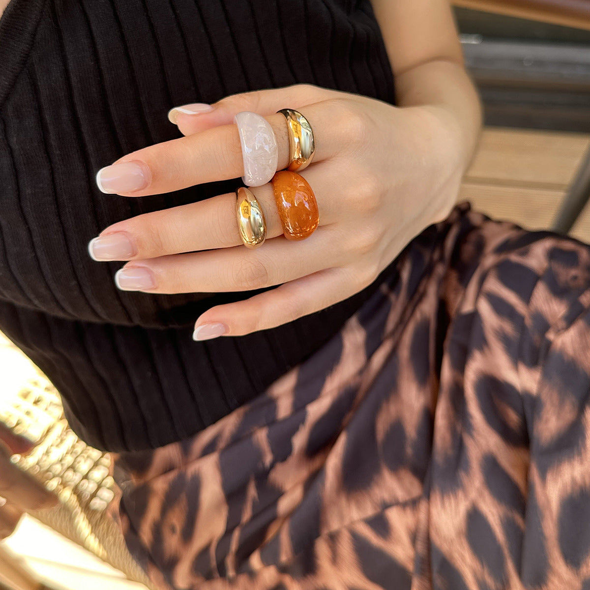 Ins style metal curved ring set retro geometric amber rings smooth surface