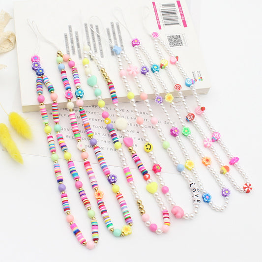 New Mixed Color Soft Pottery Pearl Mixed String Bohemian Simple Style Anti-Drop Function Mobile Phone Chain